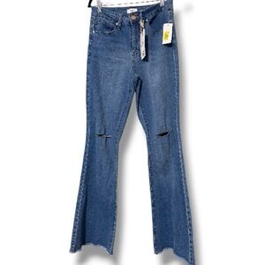 YMI size 9/29 High Rise Flare Distressed Fray Hem Denim Jeans Regular hippie new
